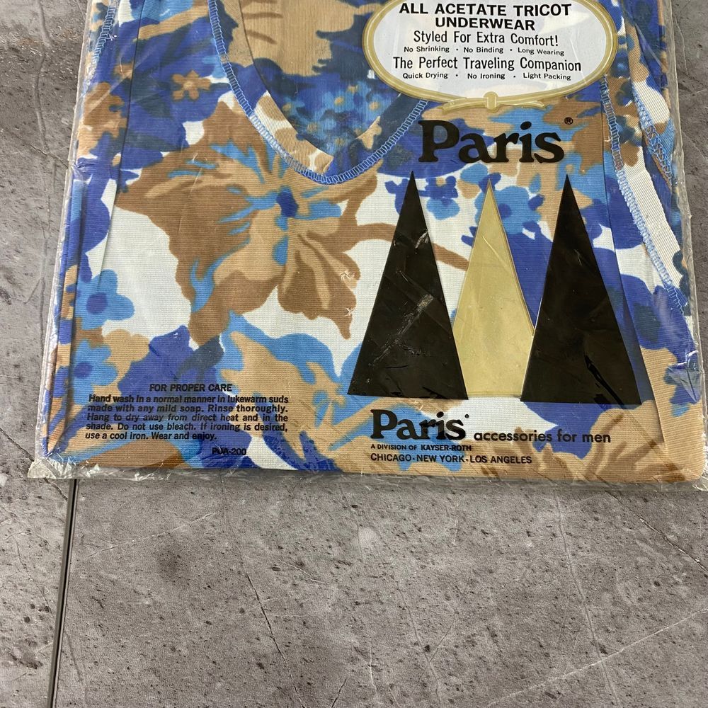 Vtg 60s 70s Paris Acetate Tricot Floral Print Mens Under Shirt Small 34-36 — image 3 of 4
